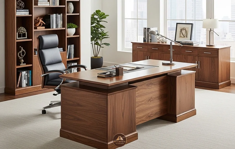 Thiết kế nội thất văn phòng gỗ óc chó đẹp, chuẩn phong thủy
