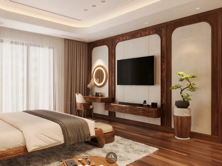 Kệ tivi gỗ óc chó treo tường phòng khách và phòng ngủ 2026